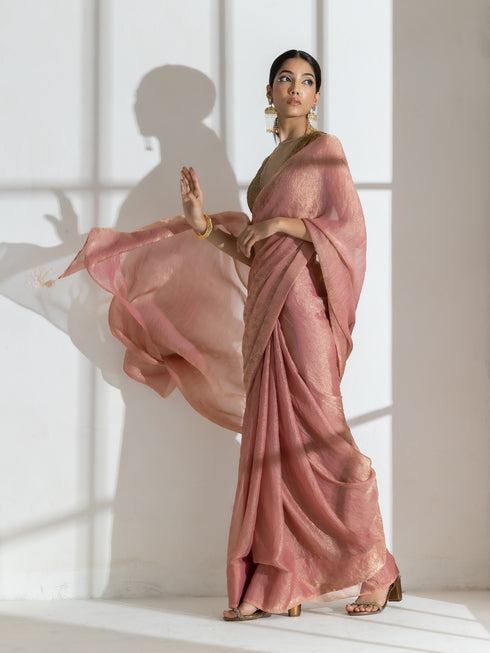 Illusion Pink Paisely Gold design Chiffon Saree with long Beaded Latkan