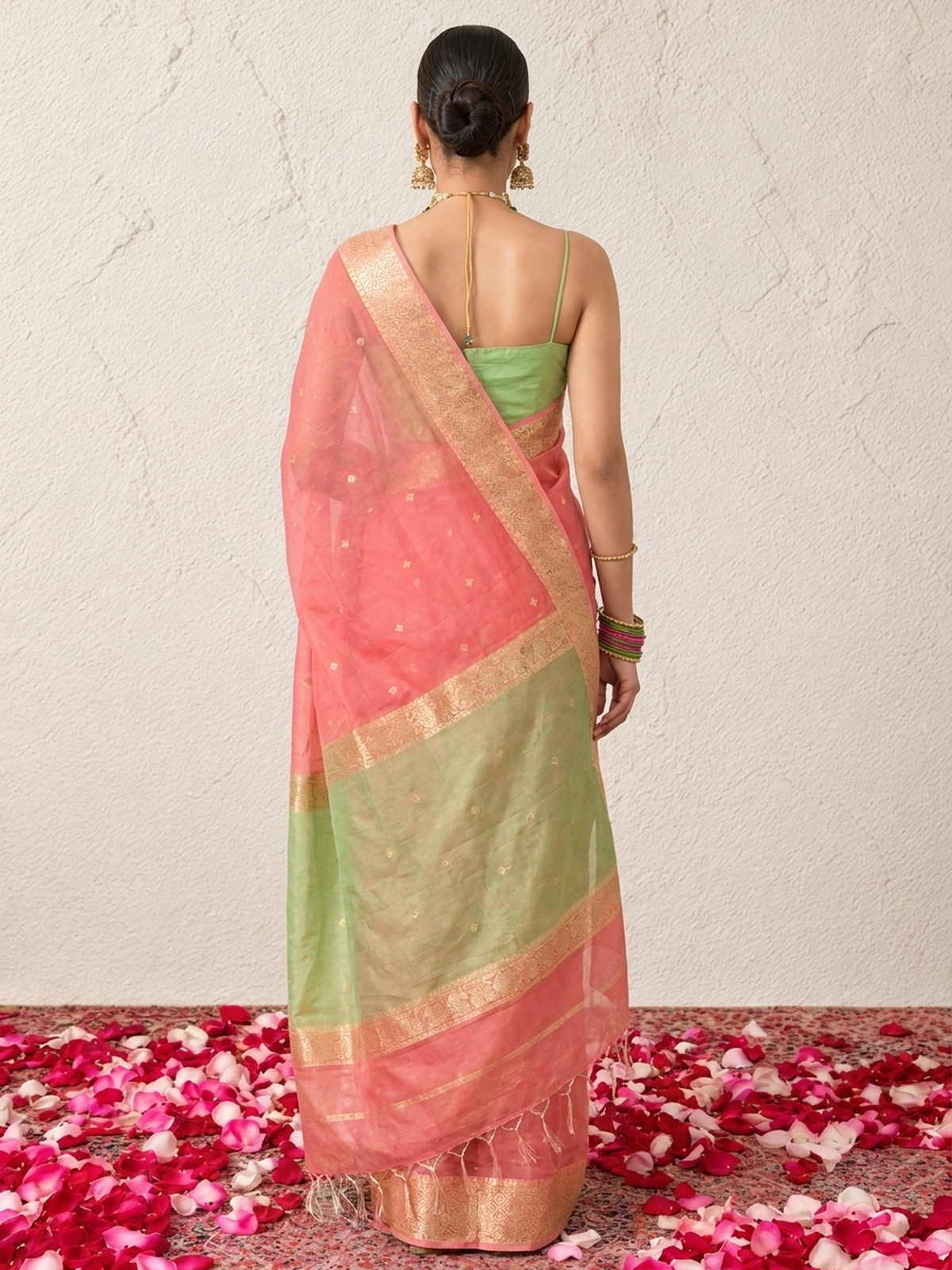Pink and Green Chanderi Cotton Silk Saree with Matching Green Blouse Fabric
