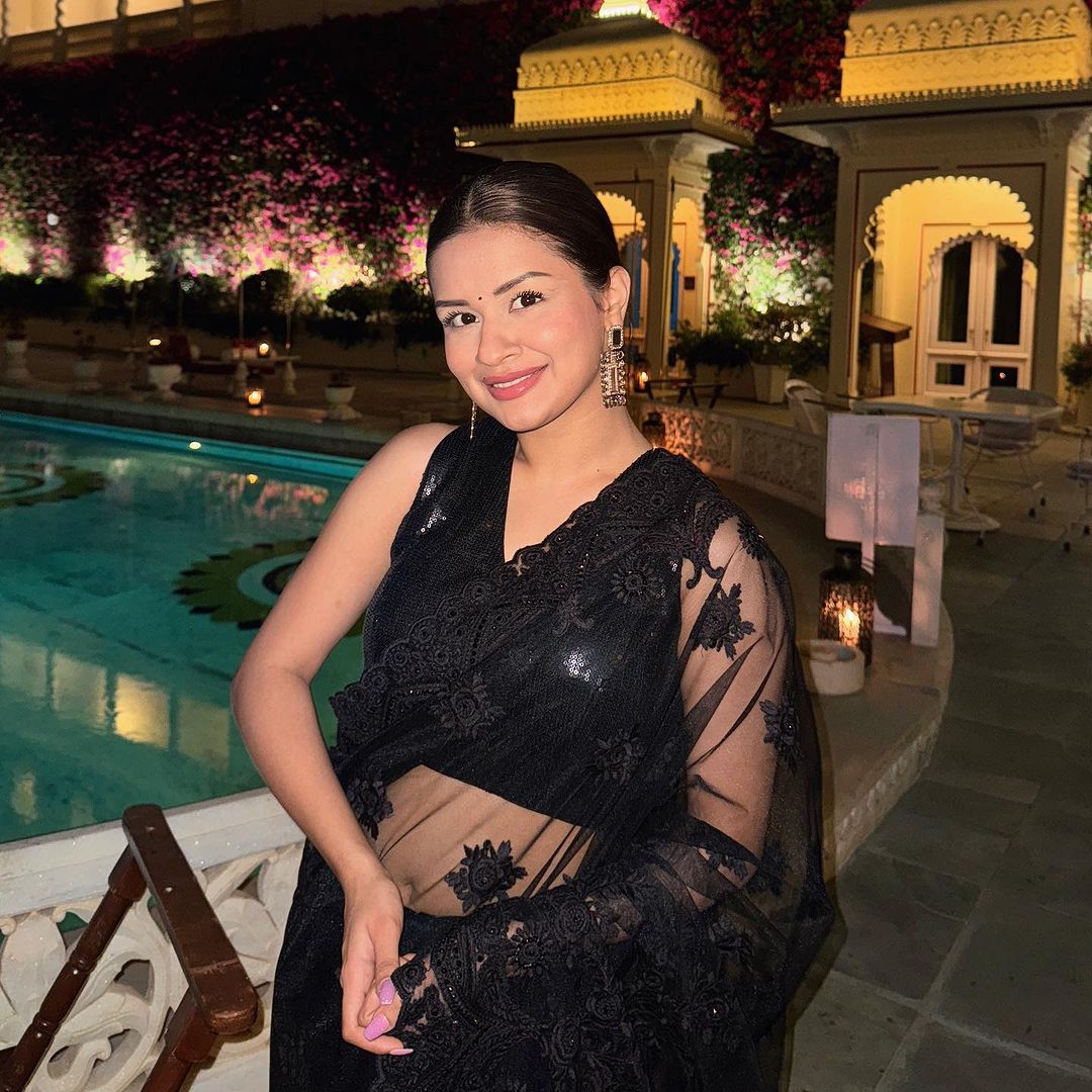 Black Net Saree with Embroidery & Scalloping