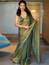 Green Copper Metallic Satin Saree with Leaf Sequins and Blouse Fabric