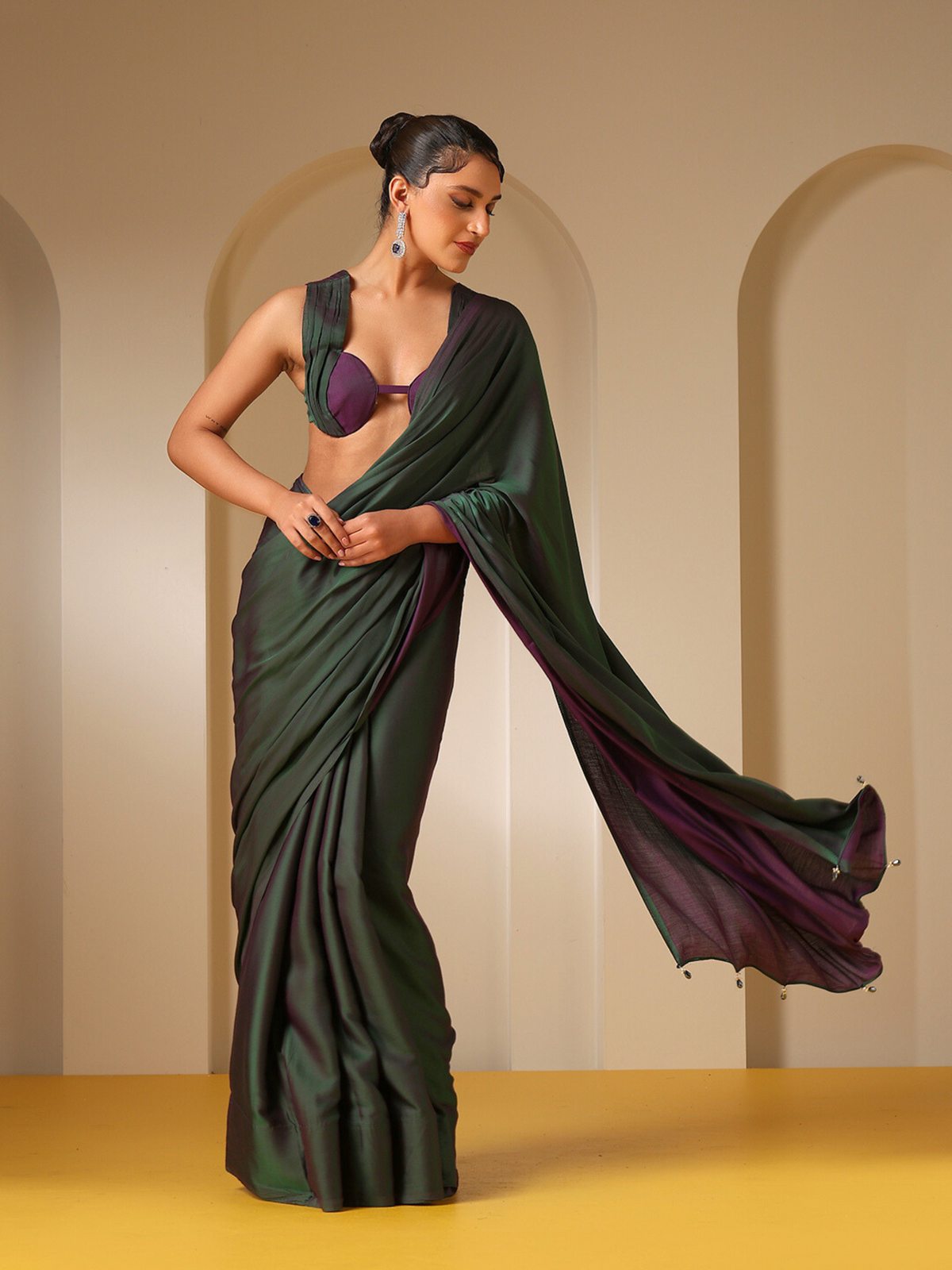 Green and purple dual color soft satin saree with blouse fabric — view 4