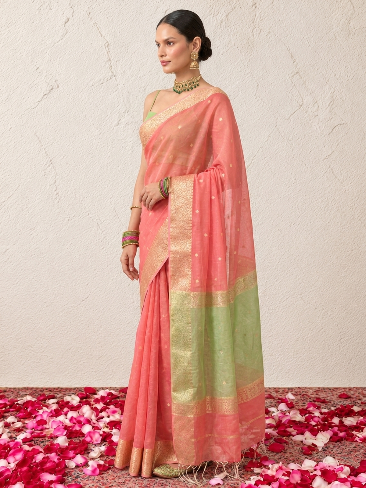 Pink and Green Chanderi Cotton Silk Saree with Matching Green Blouse Fabric