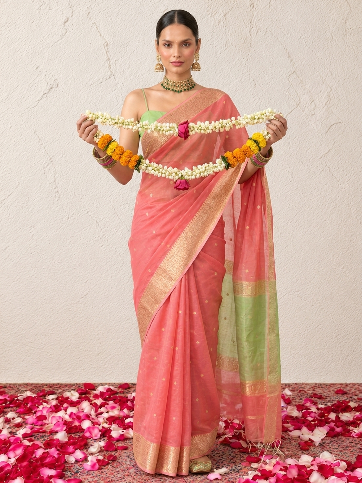 Pink and Green Chanderi Cotton Silk Saree with Matching Green Blouse Fabric