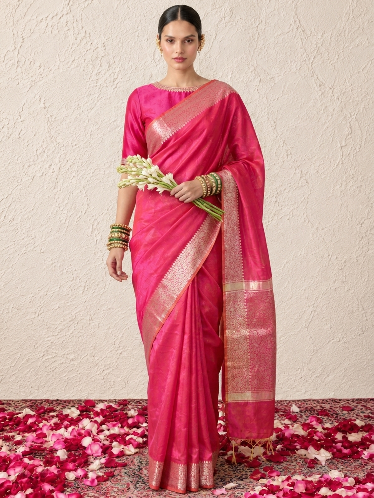 Pink and Yellow Dual Shade Chanderi Cotton Silk Saree with Matching Blouse Fabric