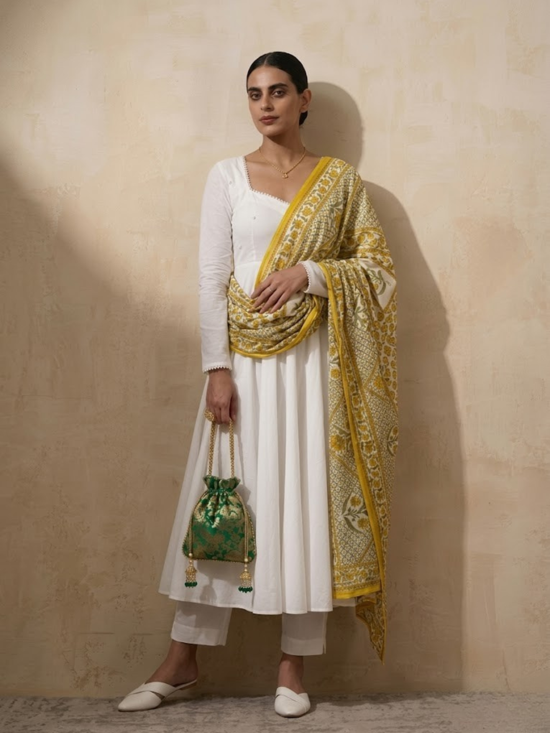 3 Pc Set - White Cotton Anarkali with Pearls and Yellow Printed Dupatta