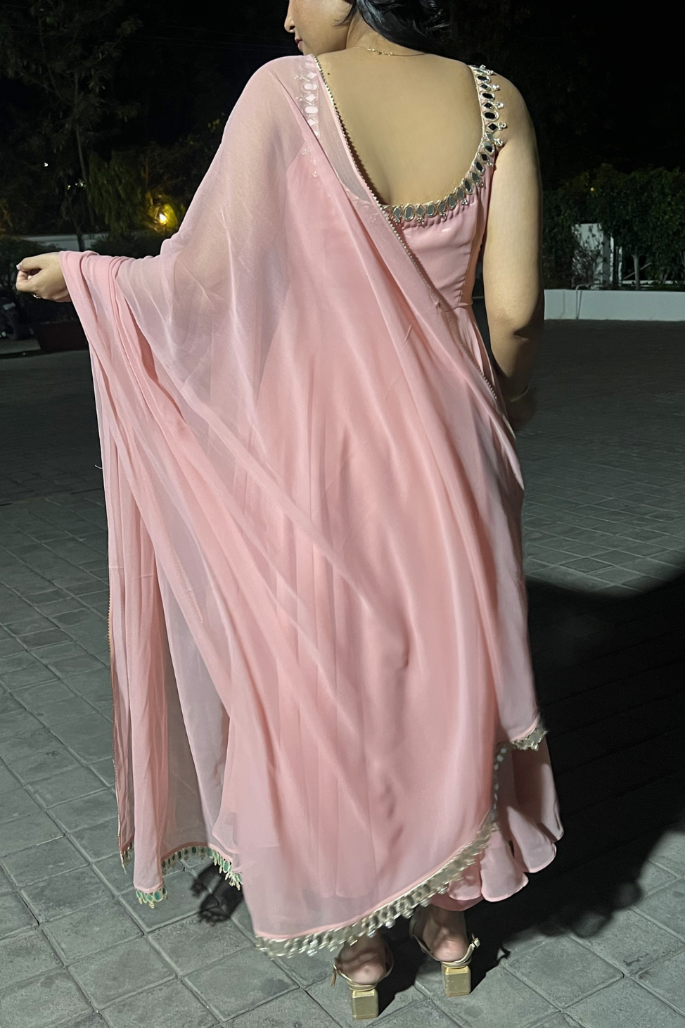 3 pc Suit - Pink Georgette Sleevless Anarkali with Mirror