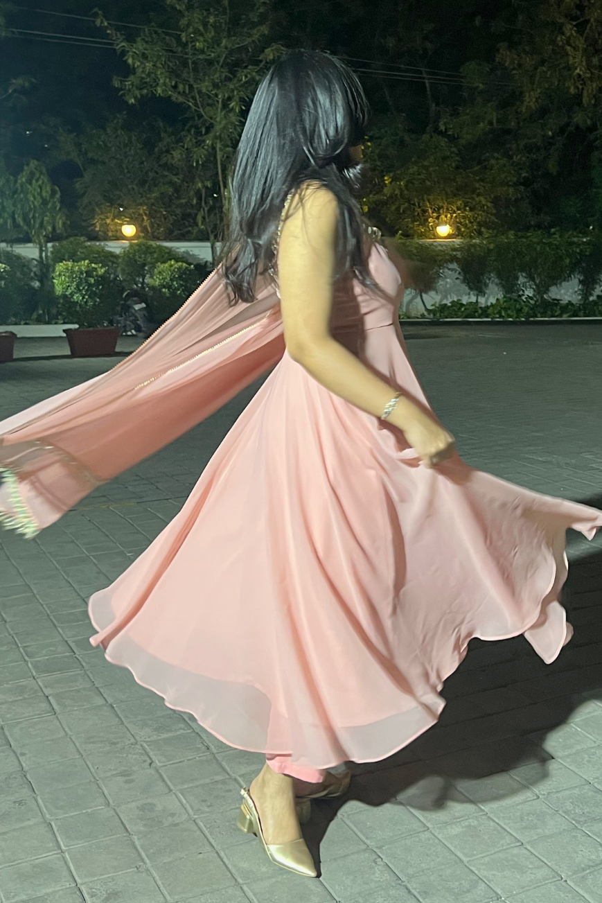 3 pc Suit - Pink Georgette Sleevless Anarkali with Mirror