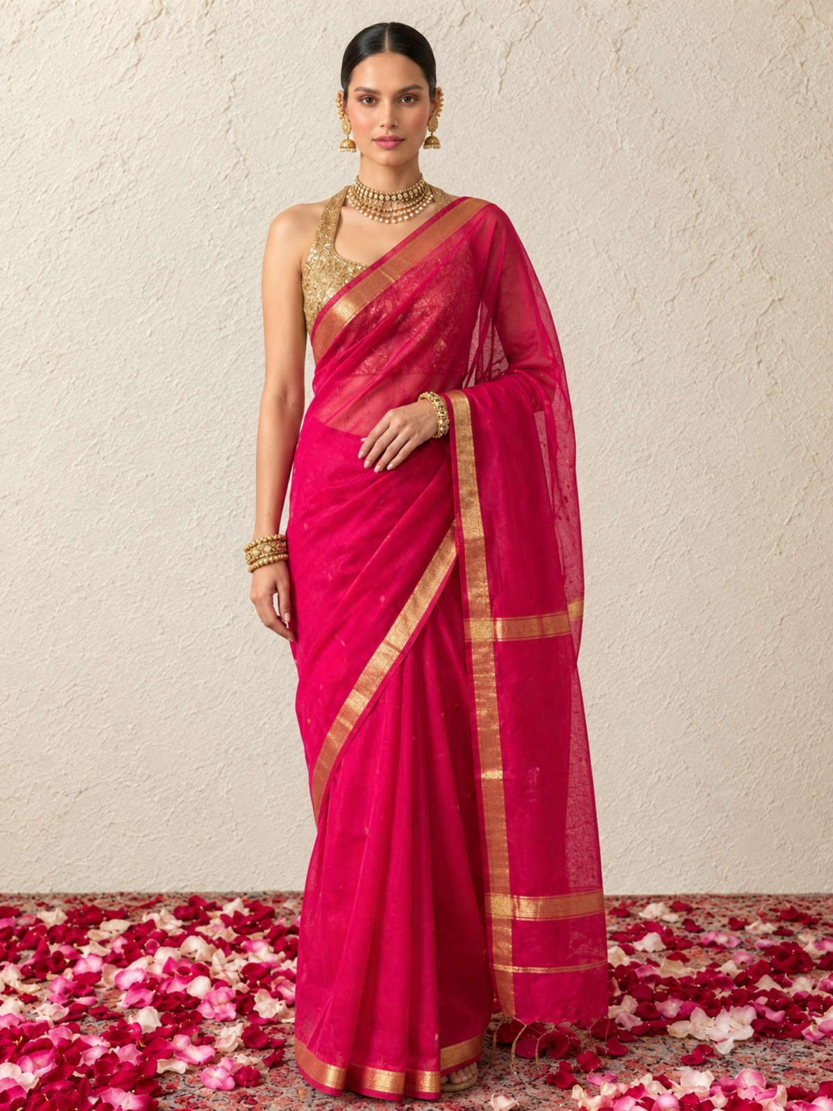 Fushia Chanderi Cotton Silk Allover Butti Saree with Matching Blouse Fabric