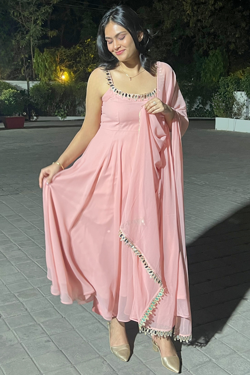 3 pc Suit - Pink Georgette Sleevless Anarkali with Mirror