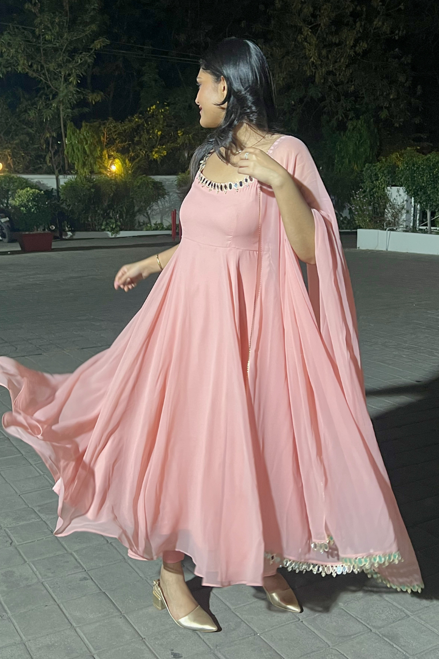 3 pc Suit - Pink Georgette Sleevless Anarkali with Mirror