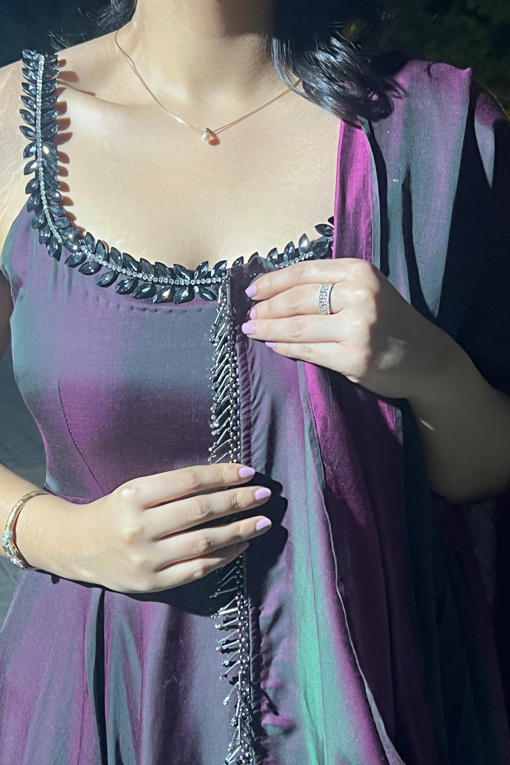 3 pc Suit - Purple Green Satin Sleeveless Anarkali with Glass Trim