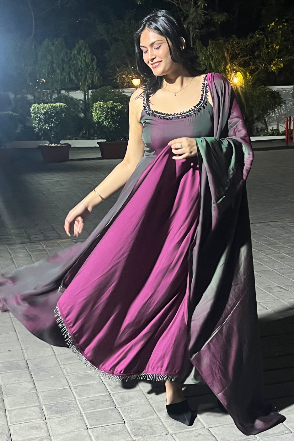 3 pc Suit - Purple Green Satin Sleeveless Anarkali with Glass Trim