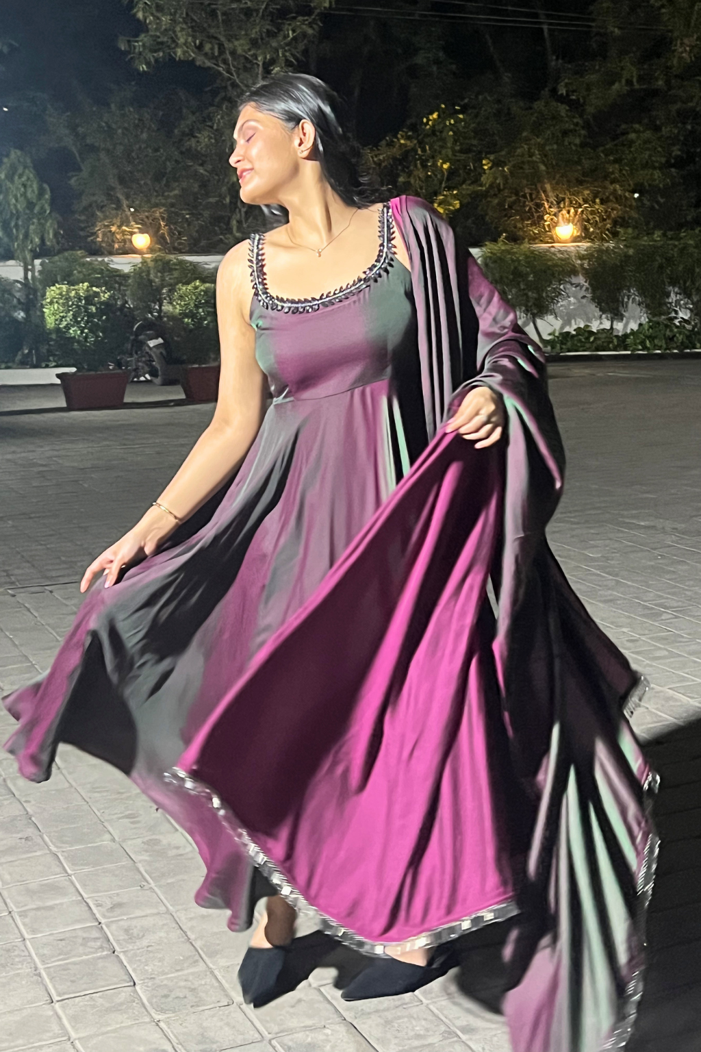 3 pc Suit - Purple Green Satin Sleeveless Anarkali with Glass Trim