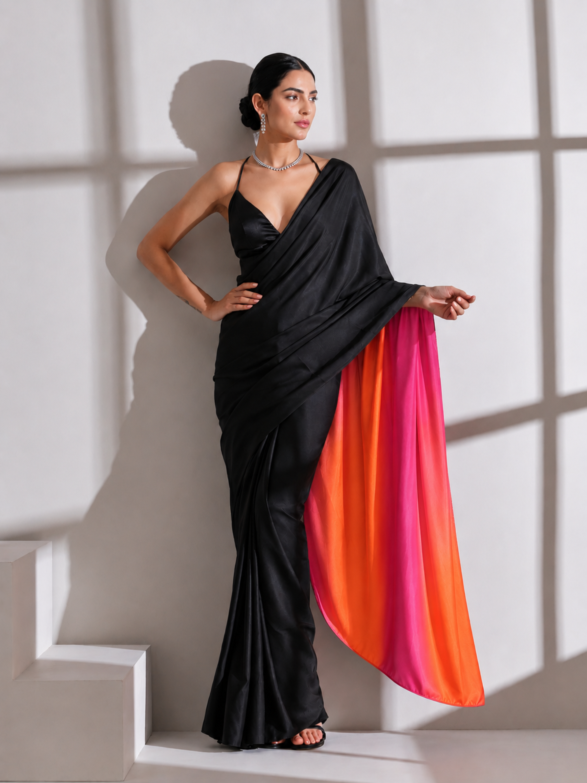 Black Surprise Saree with Pink Orange Satin and Black Blouse Fabric