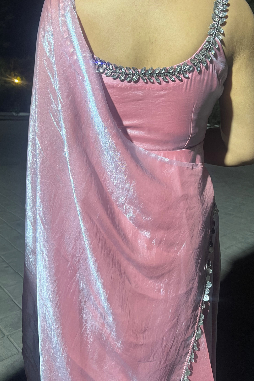 3 pc Suit - Pink Blue Metallic Sleeveless Anarkali with Glass Trim