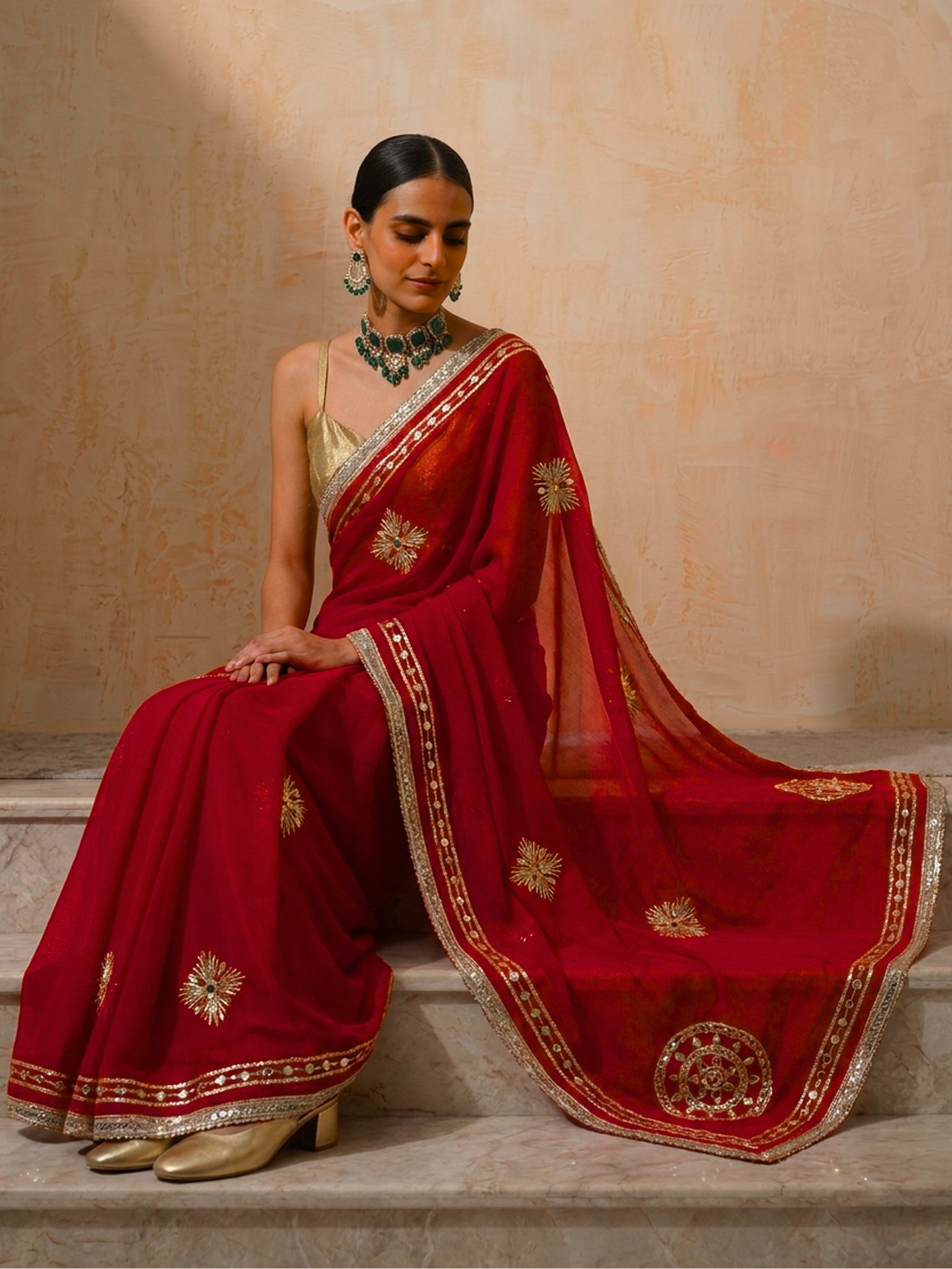 Red Chiffon Saree with Handwork Gota Patti Patches with Self Fabric Blouse