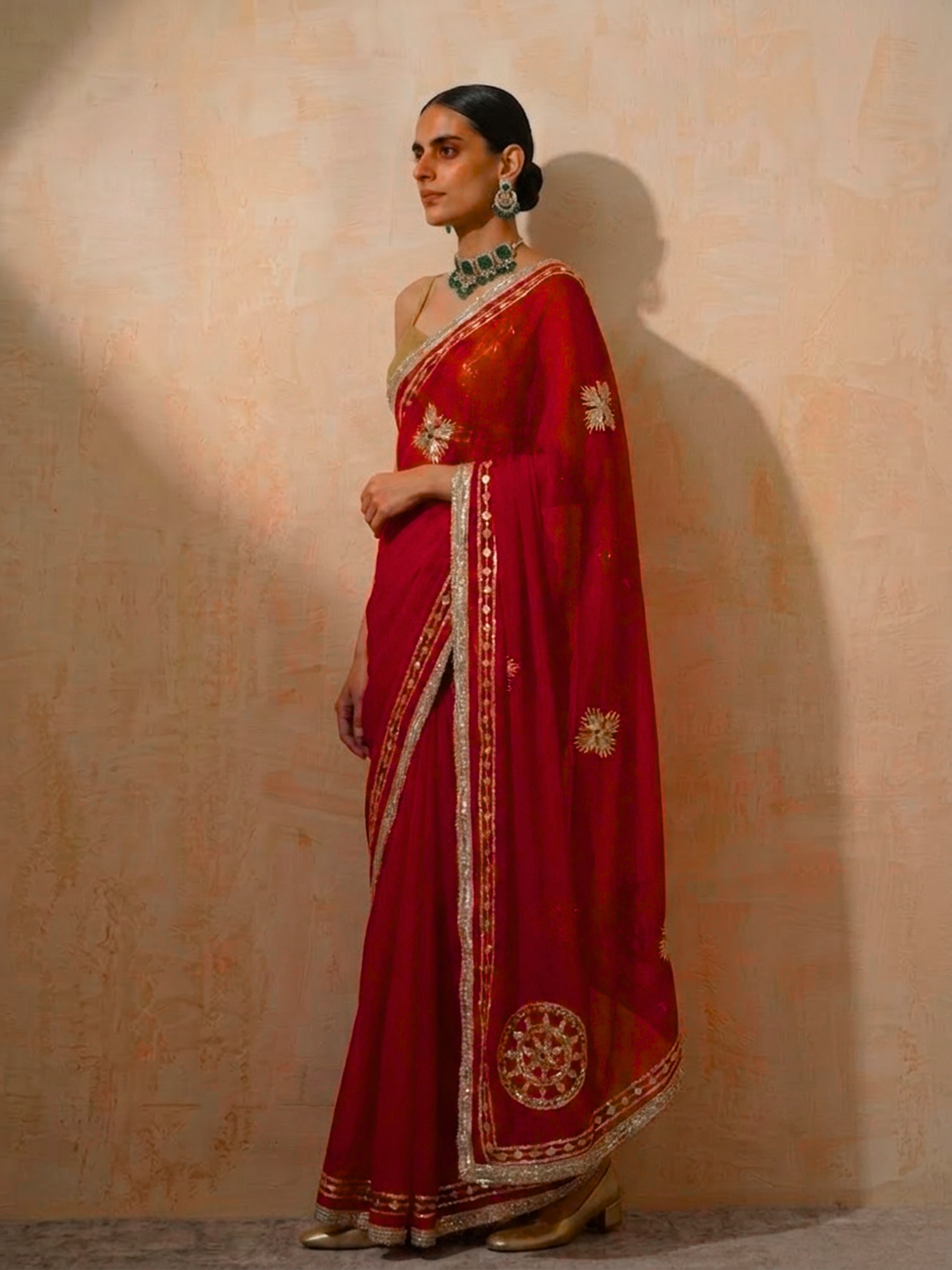 Red Chiffon Saree with Handwork Gota Patti Patches with Self Fabric Blouse