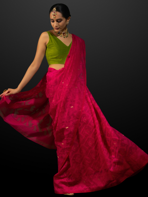 Authentic Aishwarya Pink Jamdani Cotton Saree