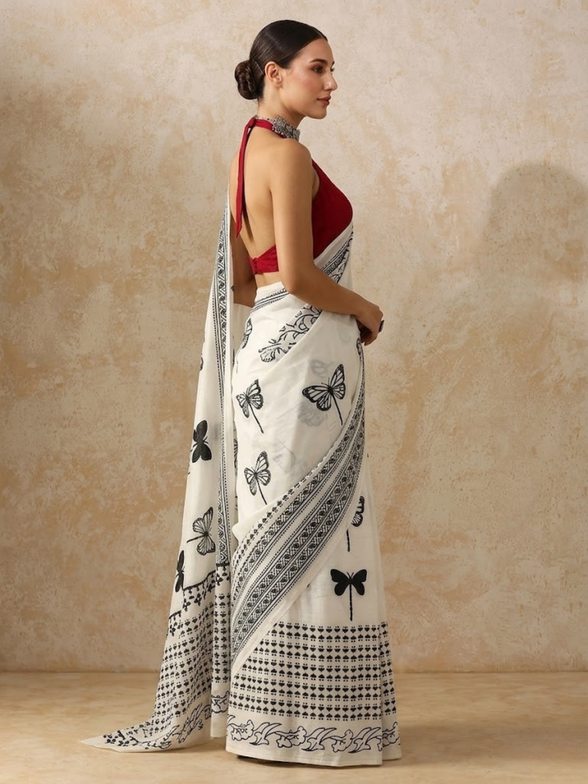 Butterfly White and Black Hand Block Cotton Saree with Red Printed Blouse