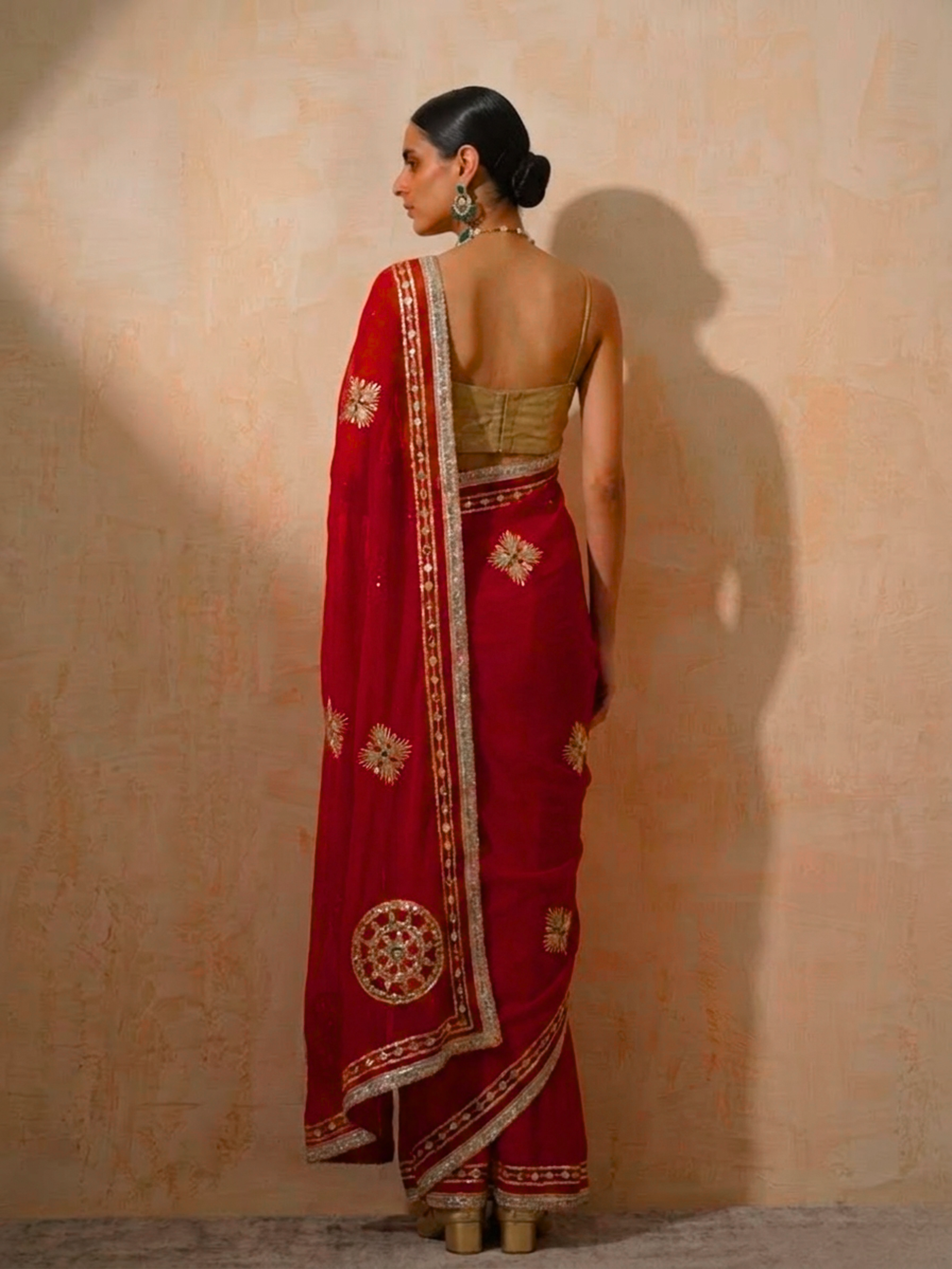 Red Chiffon Saree with Handwork Gota Patti Patches with Self Fabric Blouse