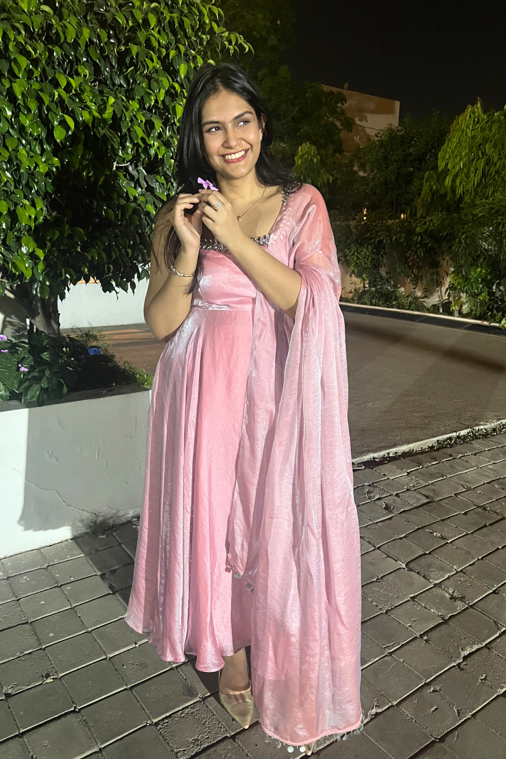 3 pc Suit - Pink Blue Metallic Sleeveless Anarkali with Glass Trim