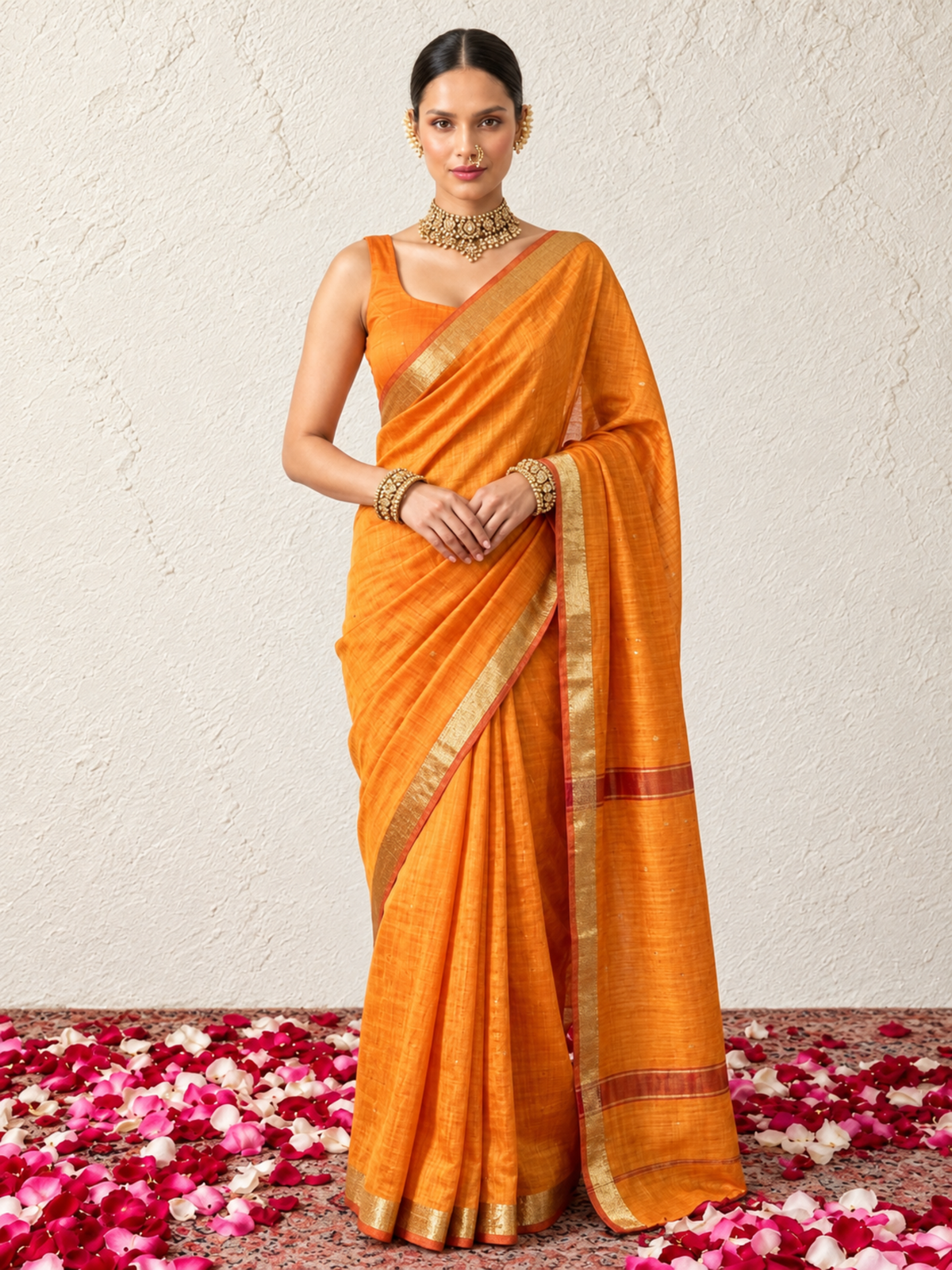 Orange and Red Dual Shade Chanderi Cotton Silk Saree with Matching Blouse Fabric