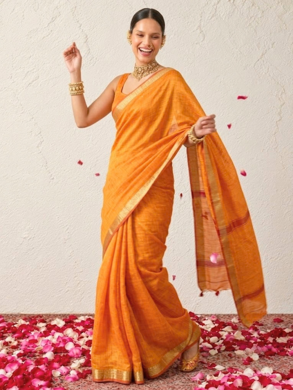 Orange and Red Dual Shade Chanderi Cotton Silk Saree with Matching Blouse Fabric