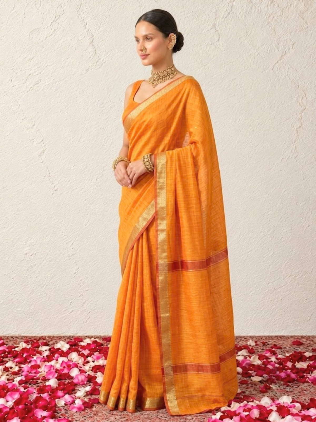 Orange and Red Dual Shade Chanderi Cotton Silk Saree with Matching Blouse Fabric