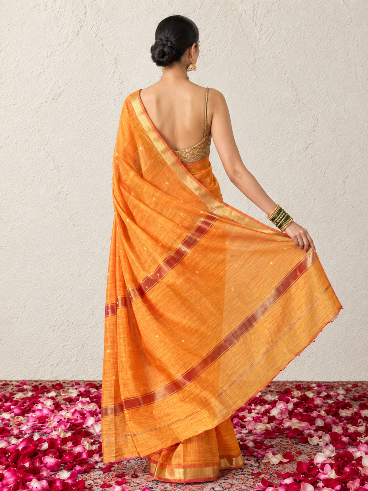 Orange and Red Dual Shade Chanderi Cotton Silk Saree with Matching Blouse Fabric