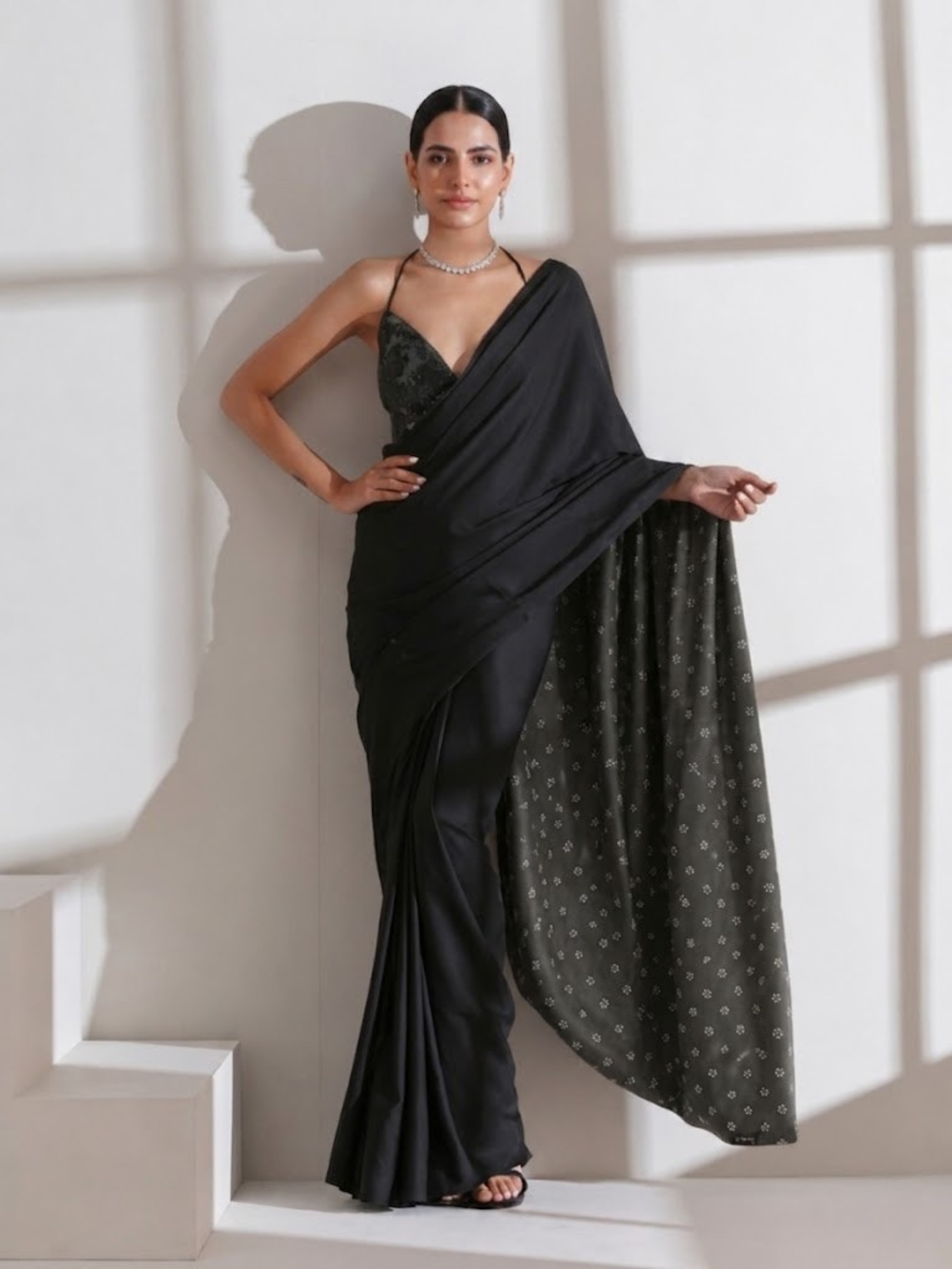 Black Surprise Saree with Silver and Black Blouse Fabric