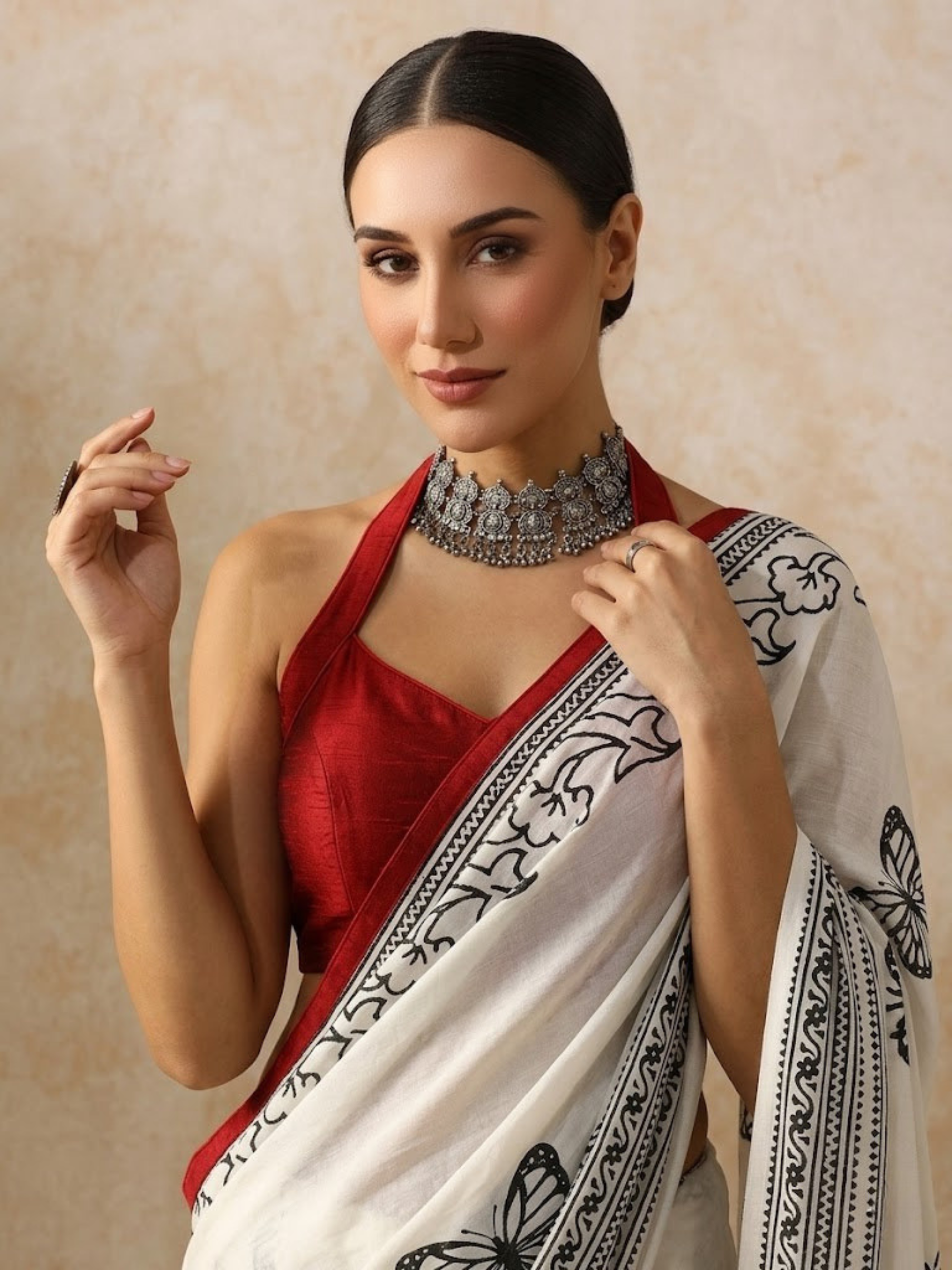 Butterfly White and Black Hand Block Cotton Saree with Red Printed Blouse