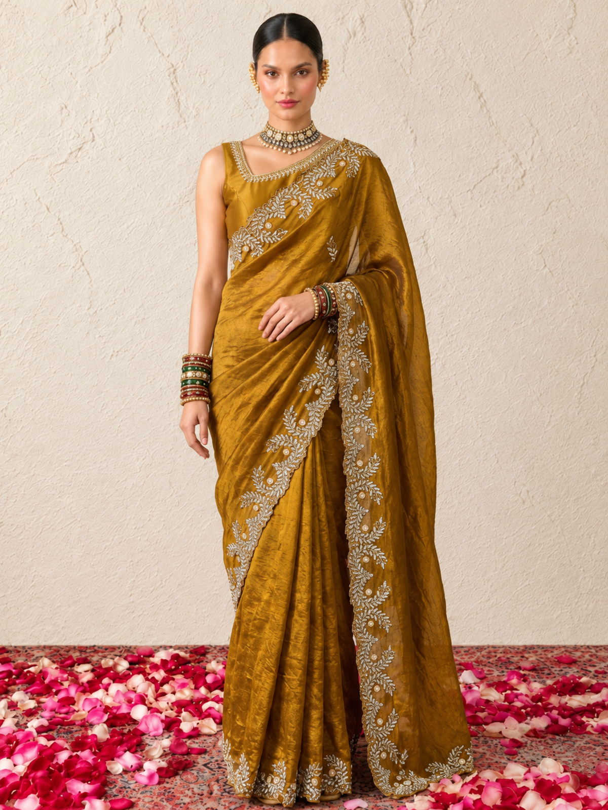 Gold and Black Edge Scallop Hand Beaded Satin Metallic Saree with Beaded Blouse Fabric