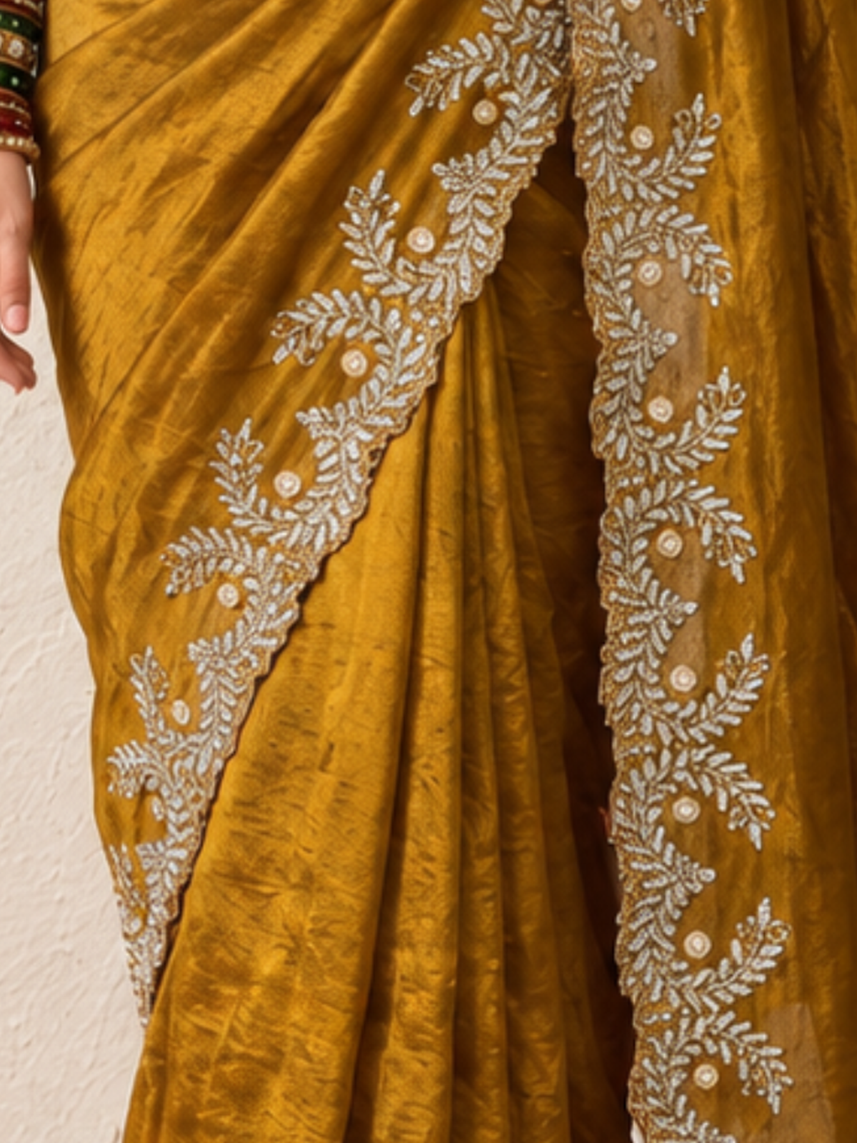 Gold and Black Edge Scallop Hand Beaded Satin Metallic Saree with Beaded Blouse Fabric