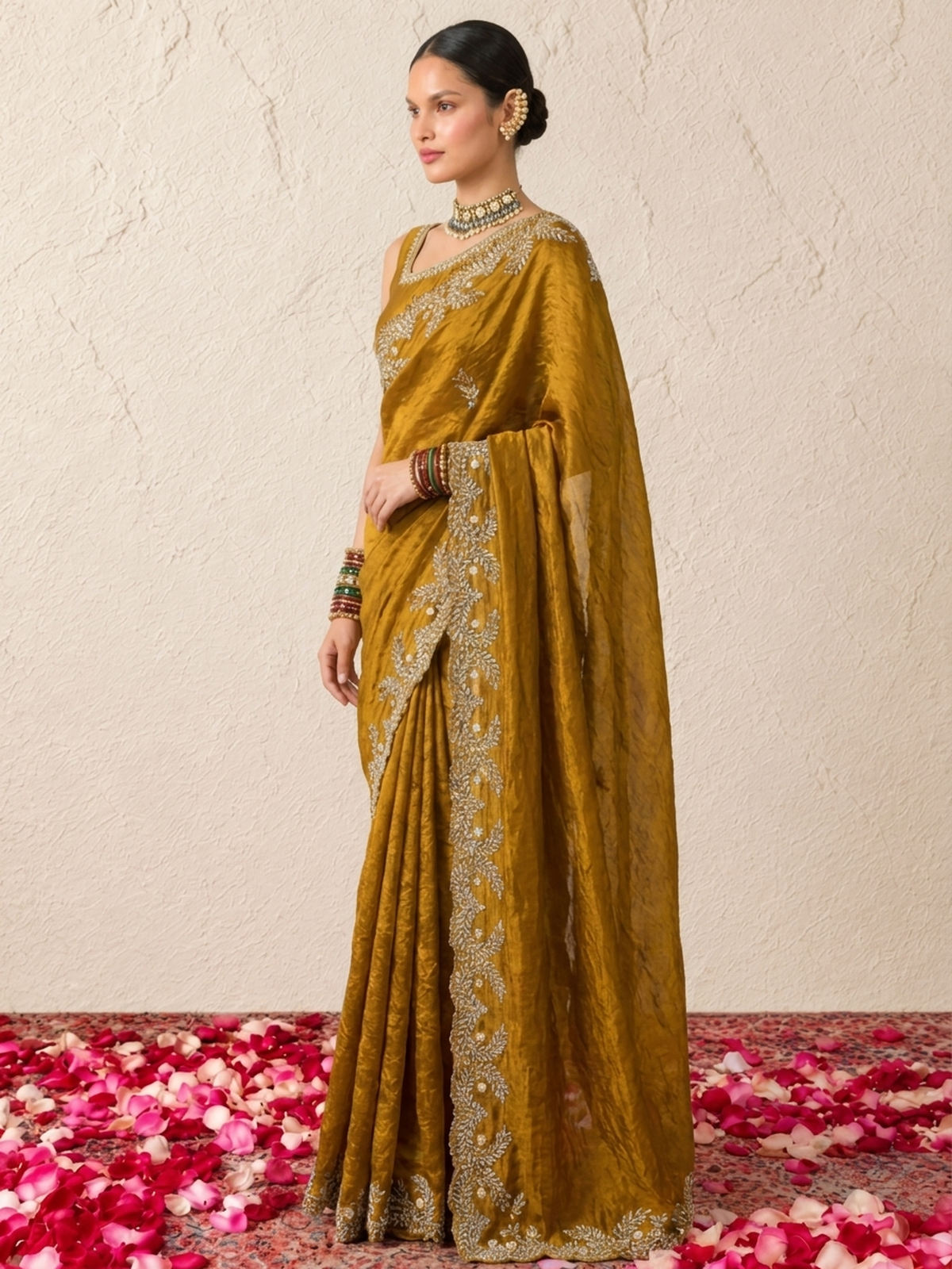 Gold and Black Edge Scallop Hand Beaded Satin Metallic Saree with Beaded Blouse Fabric