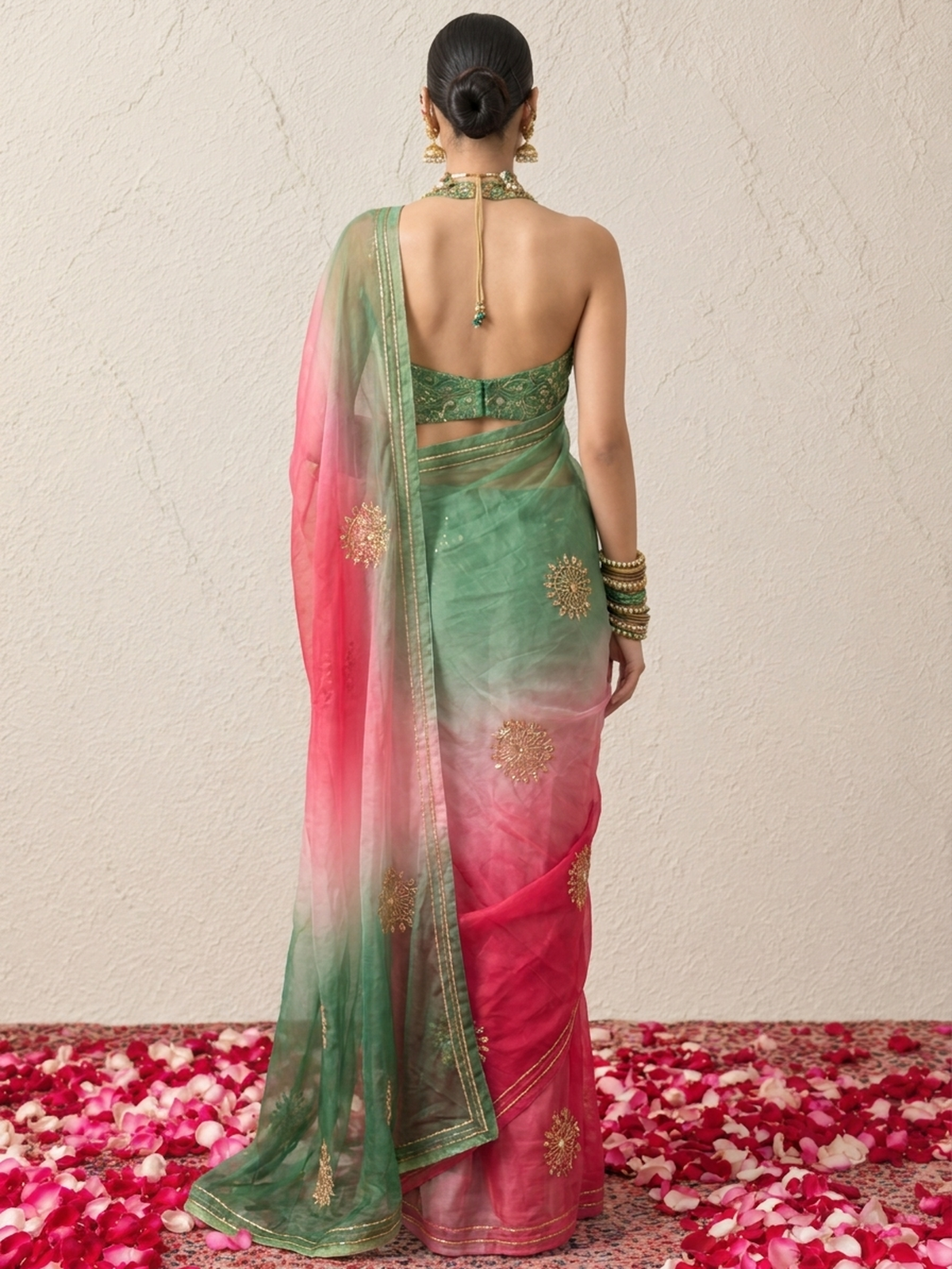 Pink and Green Ombre Round Gota Patti Pure Silk Chiffon Saree with Crepe Blouse Fabric