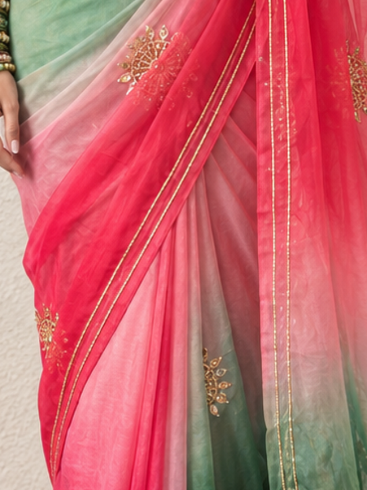 Pink and Green Ombre Round Gota Patti Pure Silk Chiffon Saree with Crepe Blouse Fabric