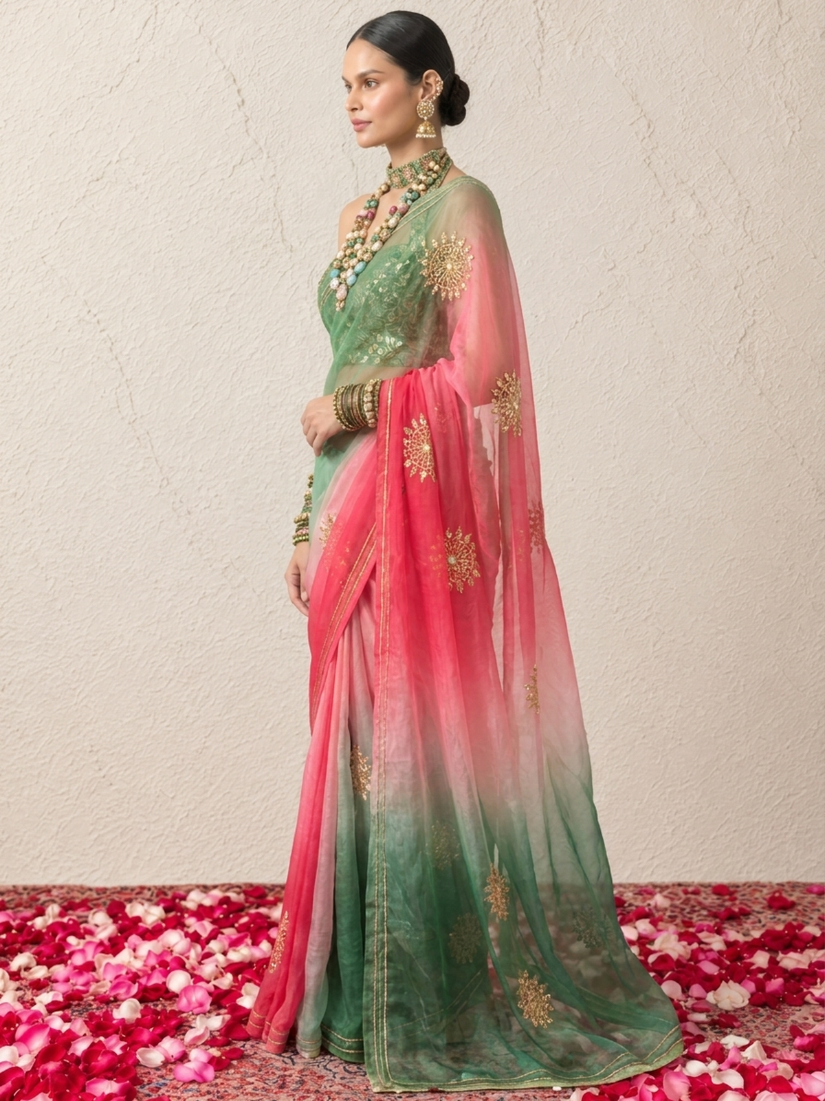 Pink and Green Ombre Round Gota Patti Pure Silk Chiffon Saree with Crepe Blouse Fabric