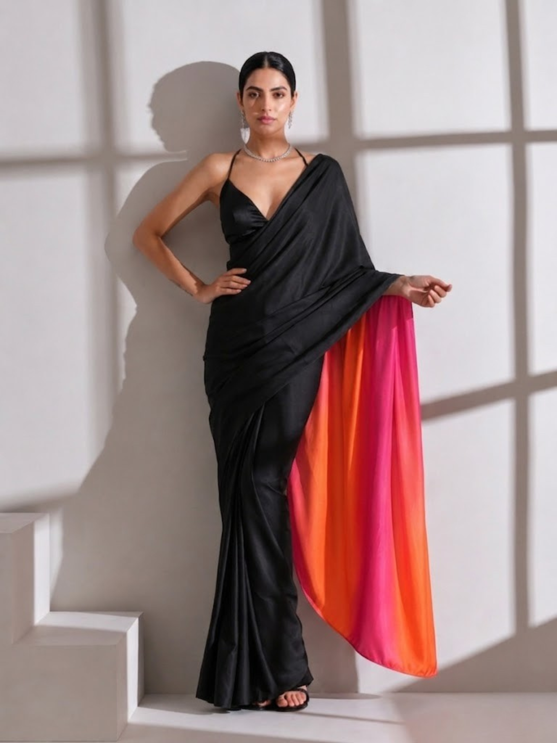 Black Surprise Saree with Pink Orange Satin and Black Blouse Fabric