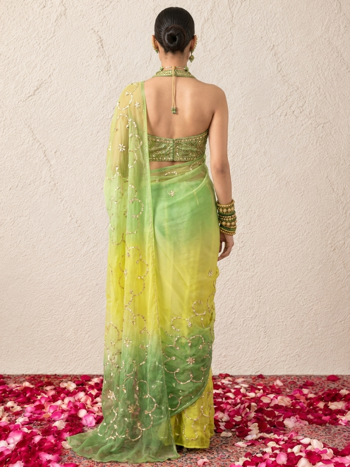 Yellow and Green Angi Jaal Gota Patti Pure Silk Chiffon Saree with Crepe Blouse Fabric