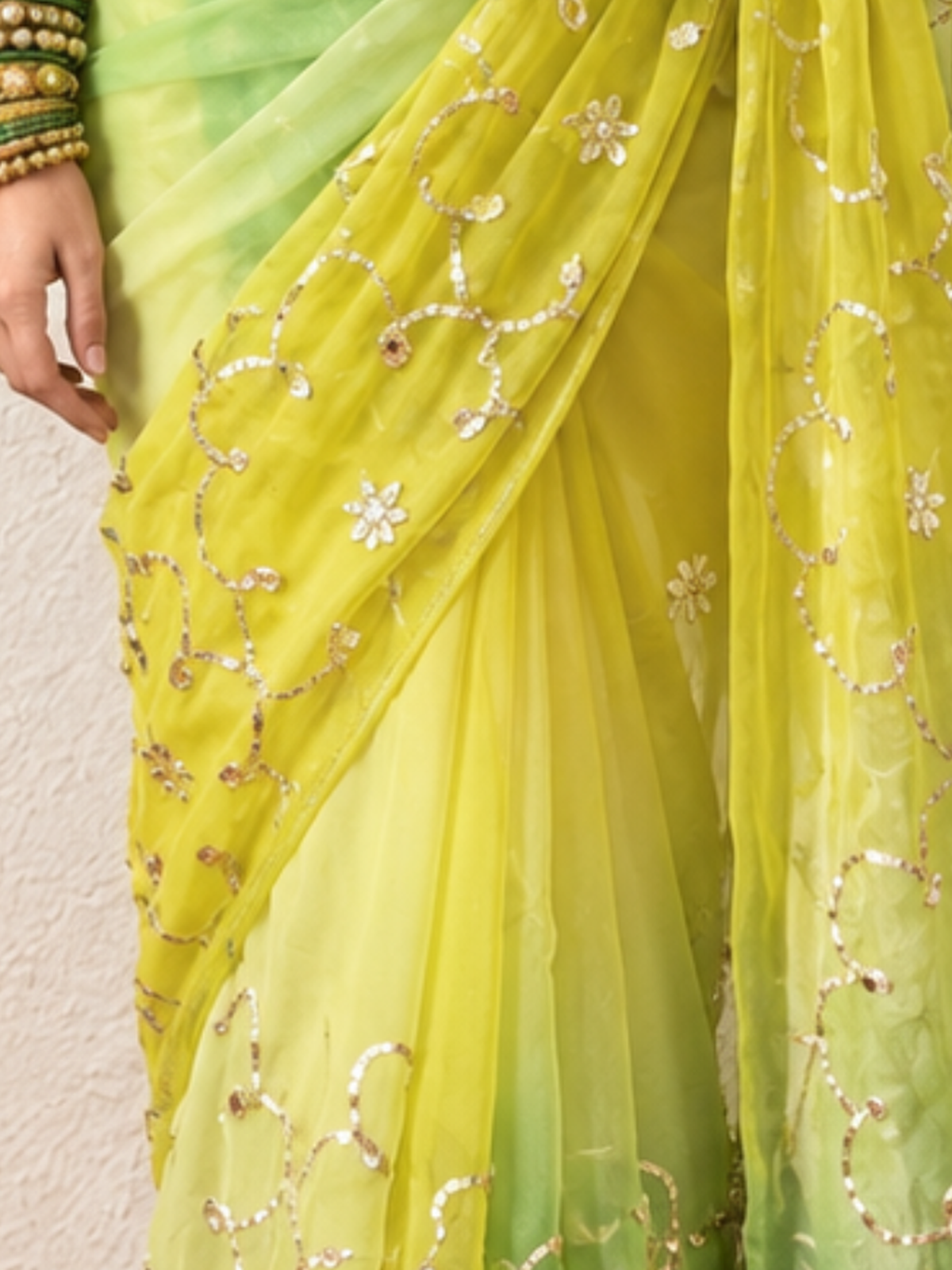 Yellow and Green Angi Jaal Gota Patti Pure Silk Chiffon Saree with Crepe Blouse Fabric