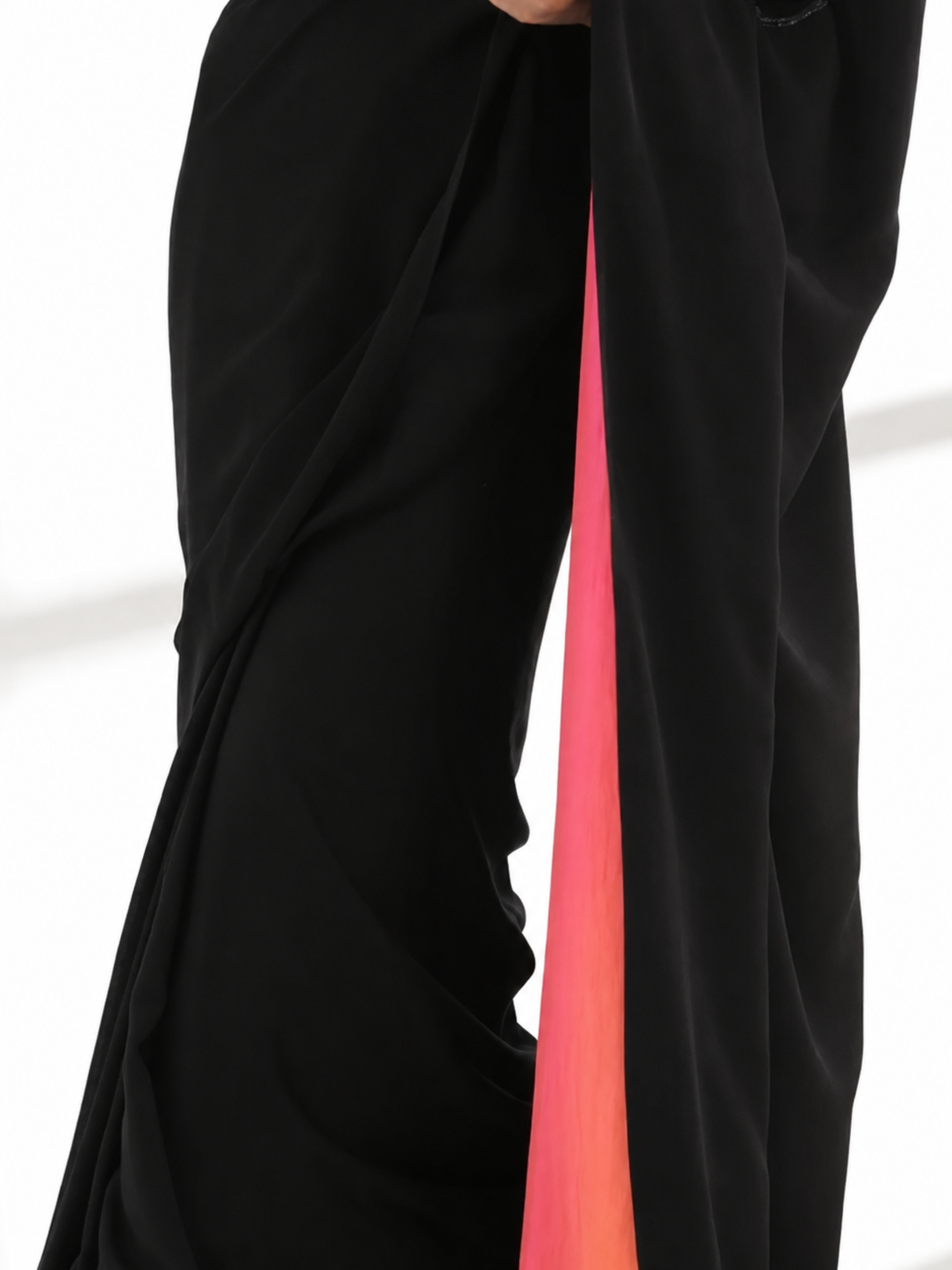 Black Surprise Saree with Pink Orange Satin and Black Blouse Fabric