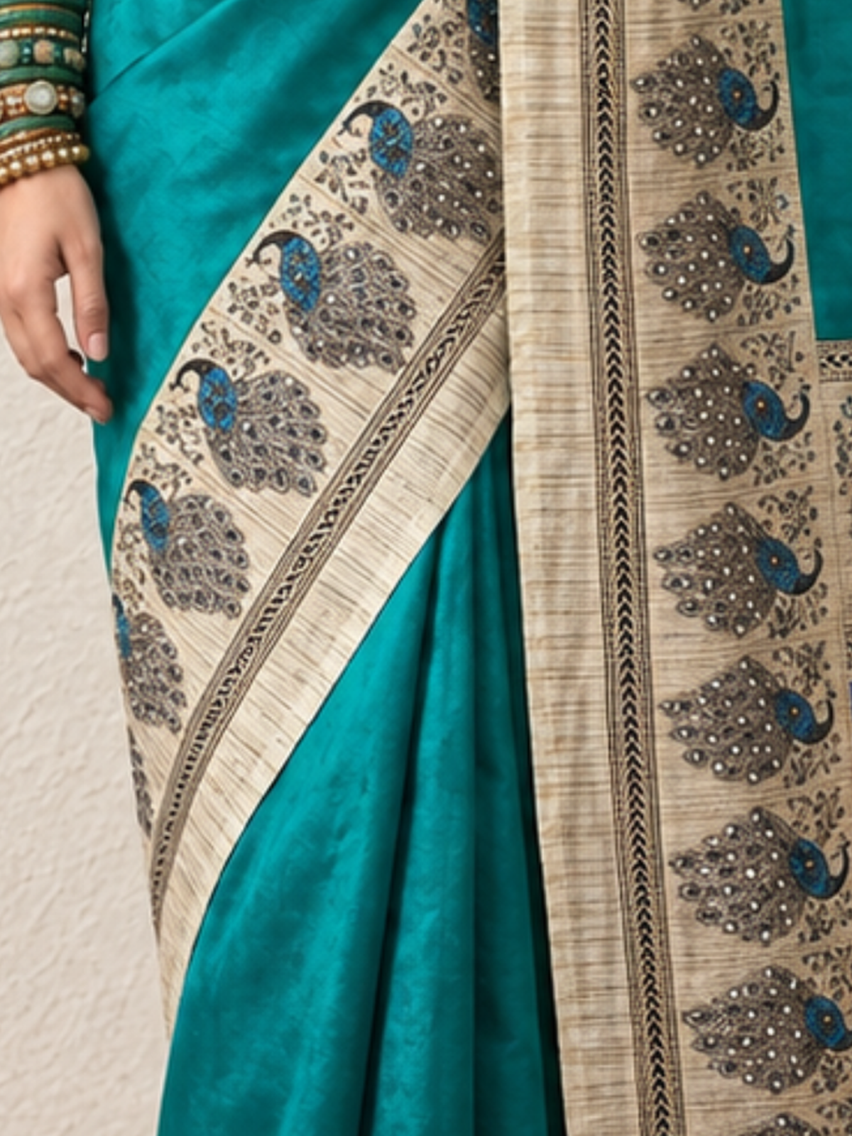 Blue and Green Peacock Printed Saree with Blouse Fabric
