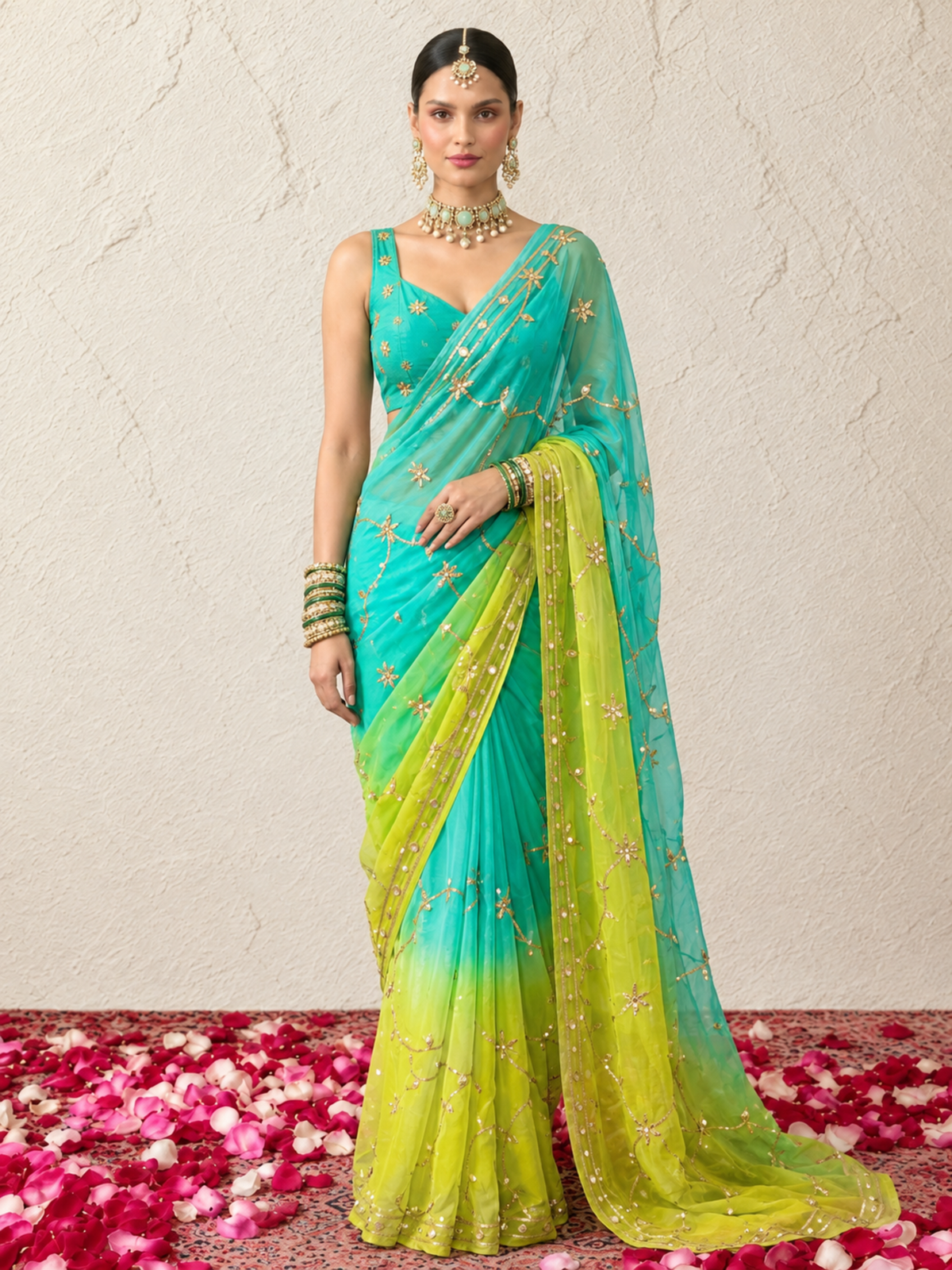 Green, Blue and Yellow Ombre Gota Patti Pure Silk Chiffon Saree with Crepe Blouse Fabric