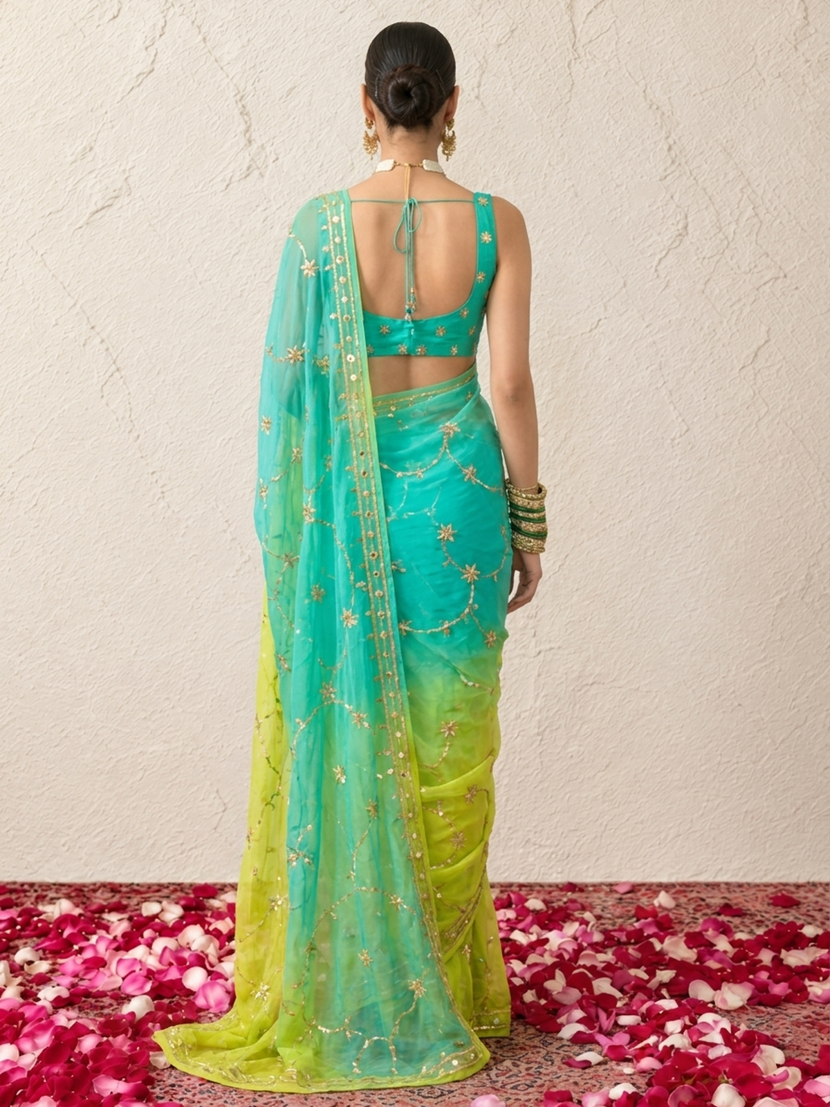 Green, Blue and Yellow Ombre Gota Patti Pure Silk Chiffon Saree with Crepe Blouse Fabric