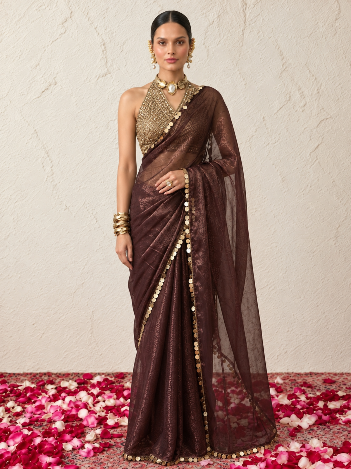 Chocolate Shimmer Chiffon Coin Drop Saree with Blouse Fabric