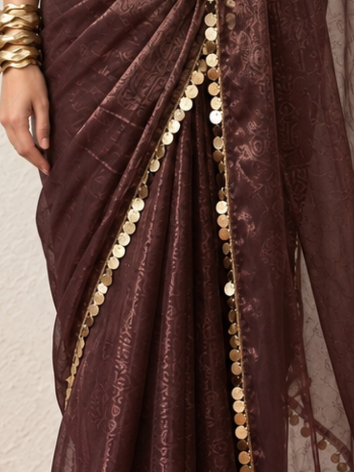 Chocolate Shimmer Chiffon Coin Drop Saree with Blouse Fabric