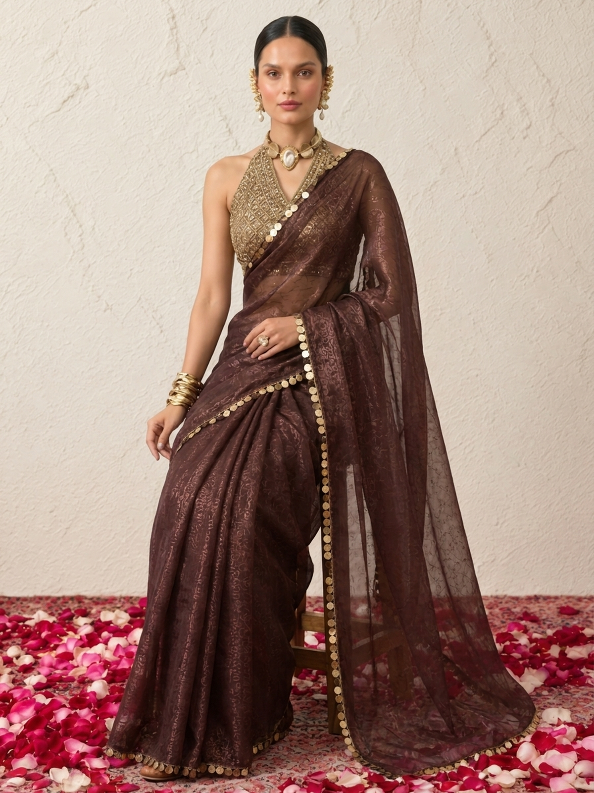 Chocolate Shimmer Chiffon Coin Drop Saree with Blouse Fabric