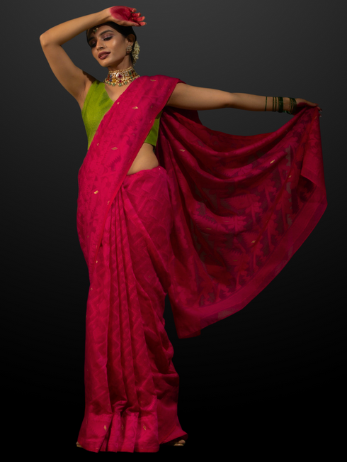 Authentic Aishwarya Pink Jamdani Cotton Saree