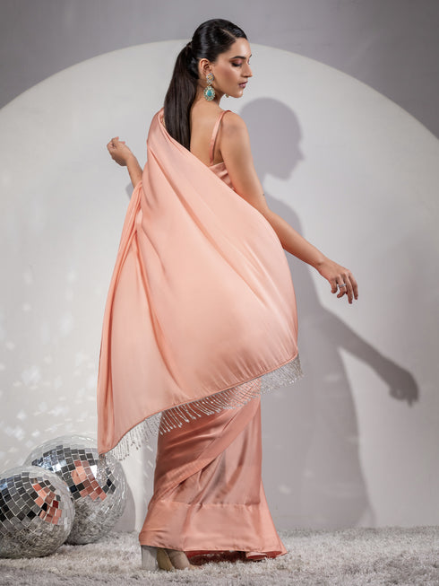 First Date Peach Satin Saree with Beads & Blouse Fabric