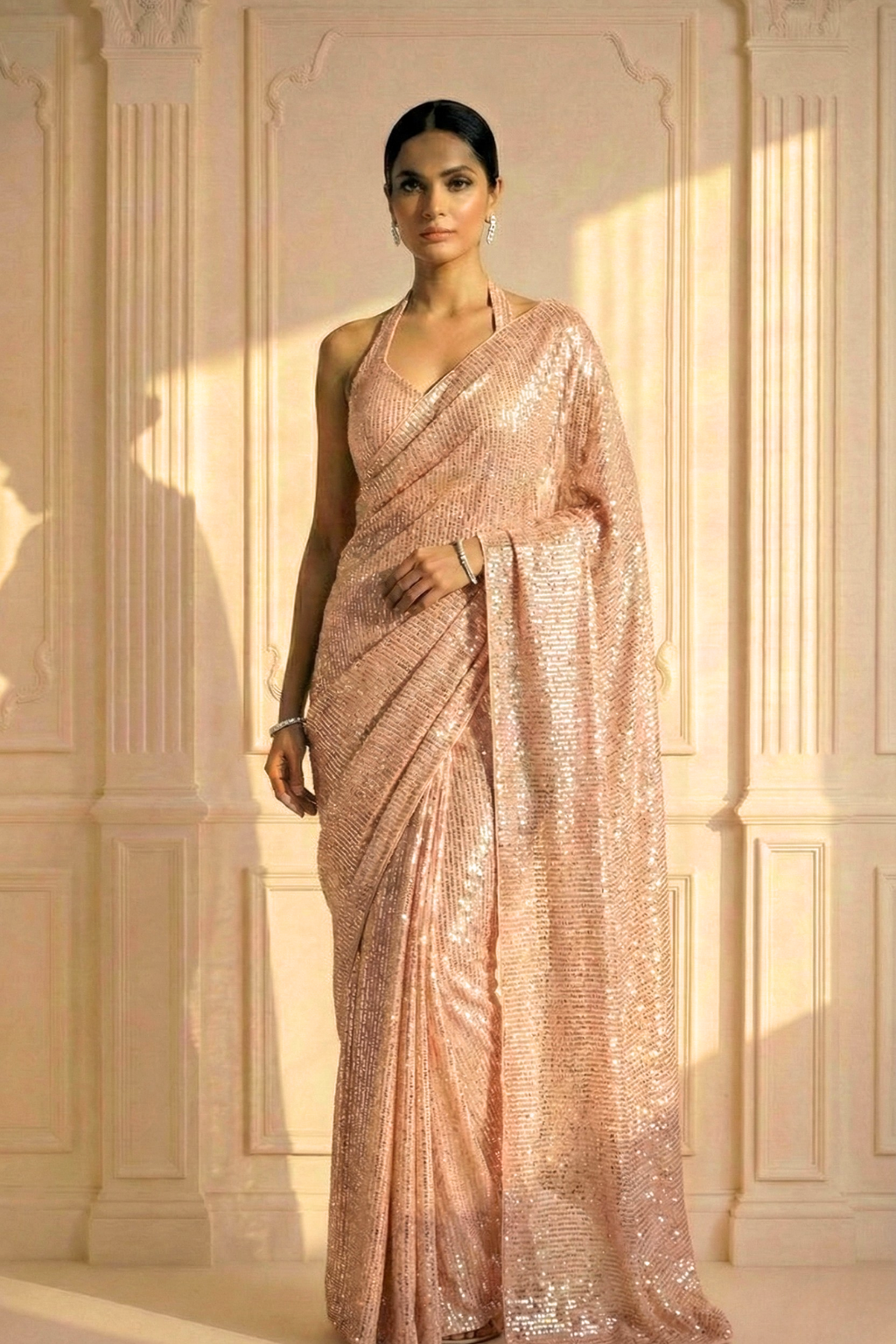 Bisque Cream Knitted Sequin Saree with Blouse Fabric